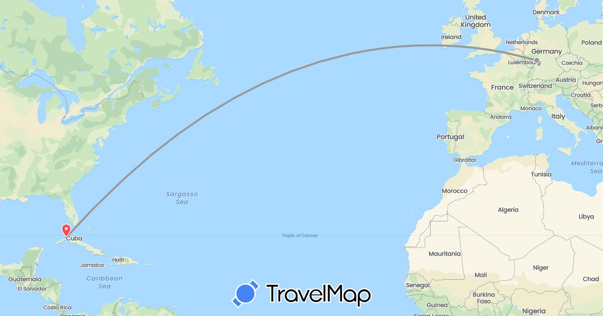 TravelMap itinerary: driving, plane, hiking in Cuba, Germany (Europe, North America)